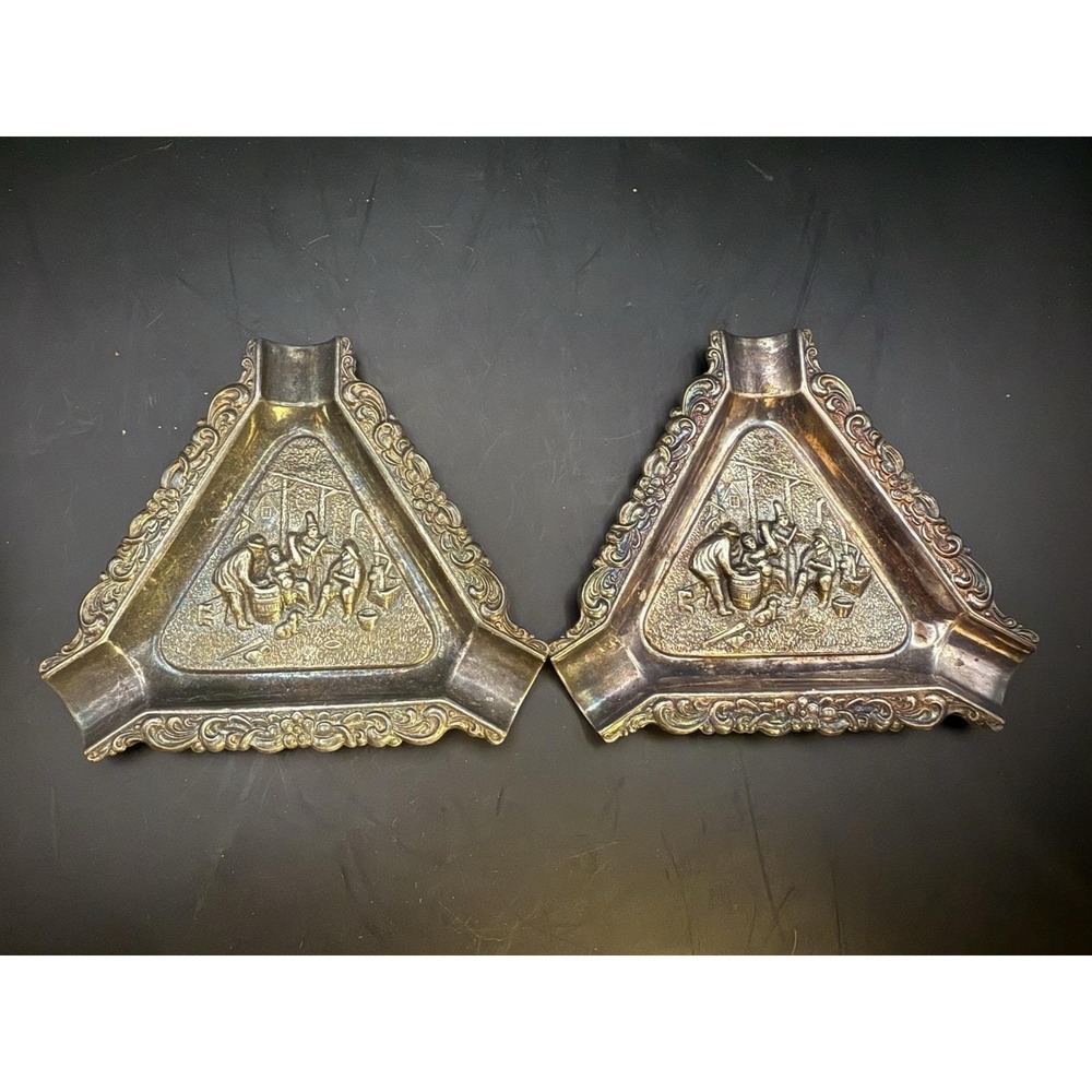 Pair Vintage Brass Ashtrays‎ Tavern Scene Relief Triangular Ornate